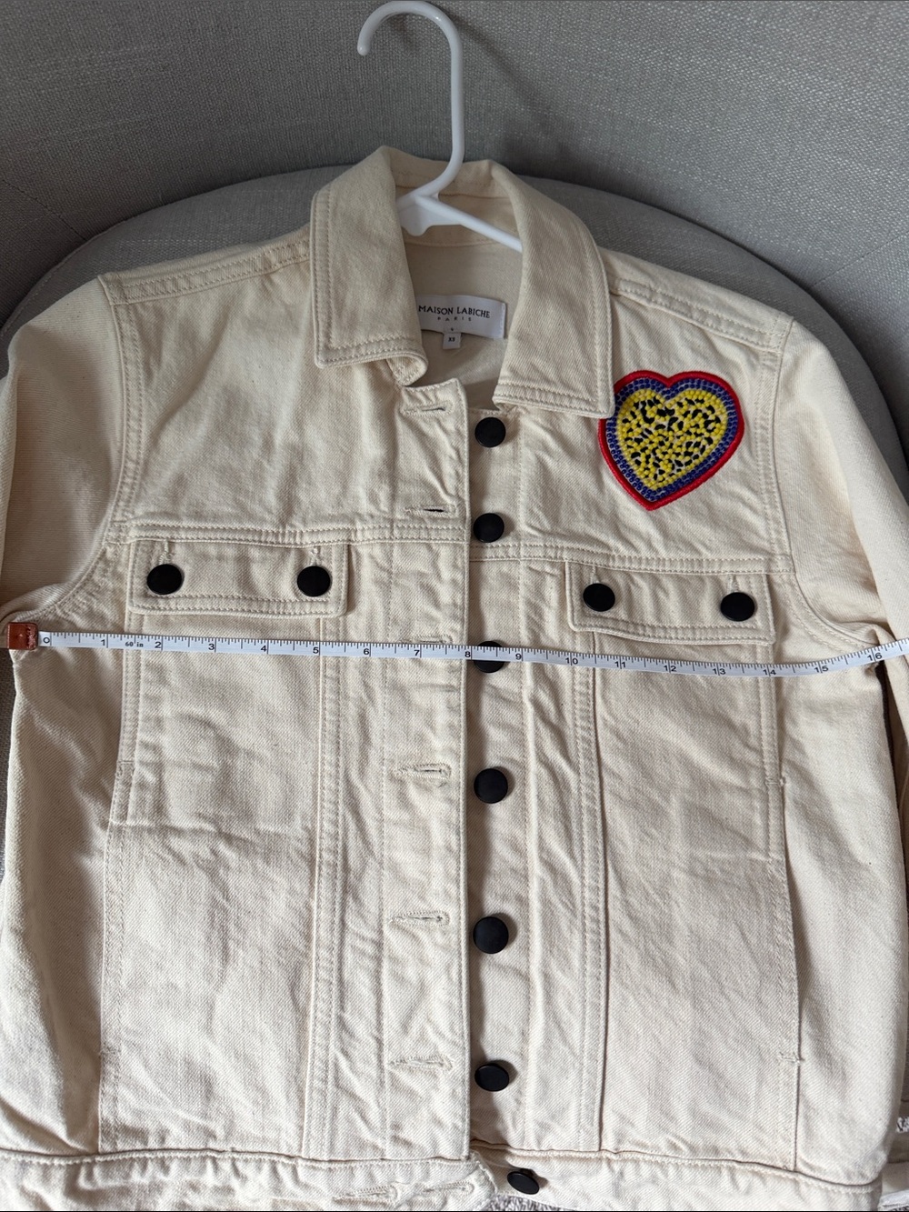 Maison Labiche Cream Jean Jacket with Heart Patch - Picture 10 of 11